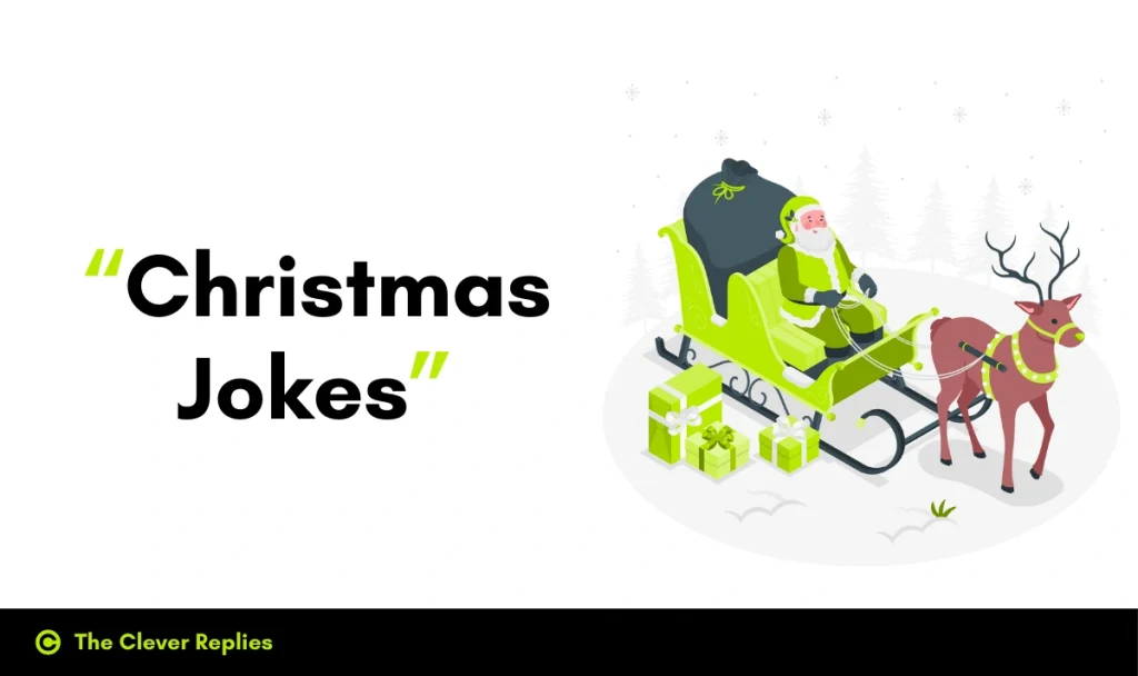 Christmas jokes collection featuring a festive background with holiday decorations and a humorous joke card